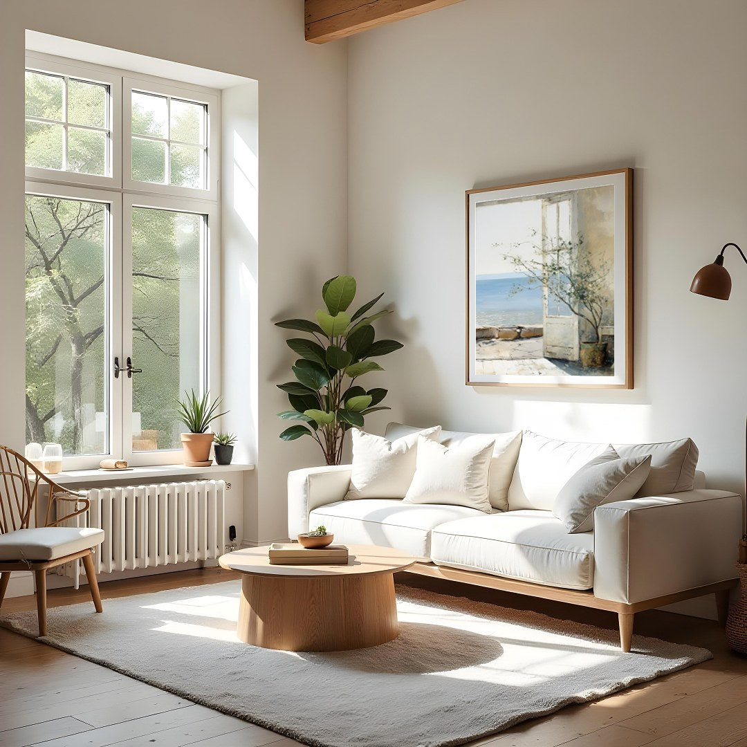 Experience tranquility with this beautifully crafted artwork capturing a sunlit coastal vista for Living Room