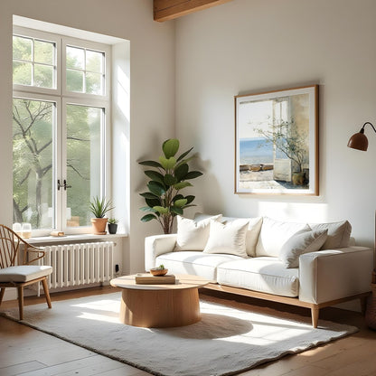 Experience tranquility with this beautifully crafted artwork capturing a sunlit coastal vista for Living Room