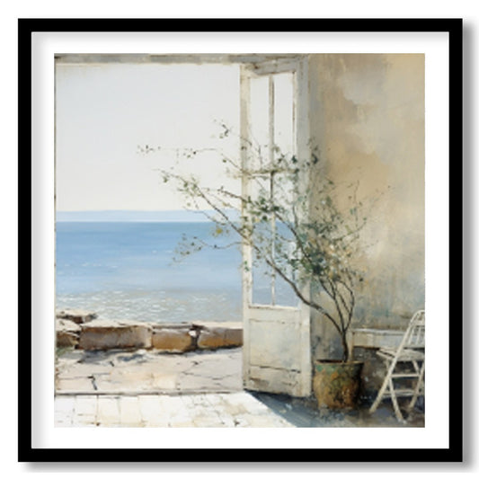 Experience tranquility with this beautifully crafted artwork capturing a sunlit coastal vista for office
