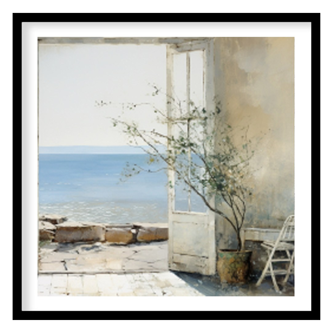 Experience tranquility with this beautifully crafted artwork capturing a sunlit coastal vista for office