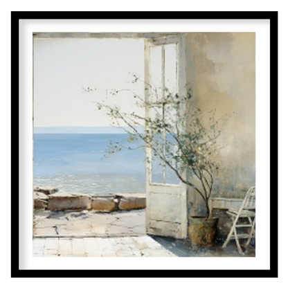 Experience tranquility with this beautifully crafted artwork capturing a sunlit coastal vista for office