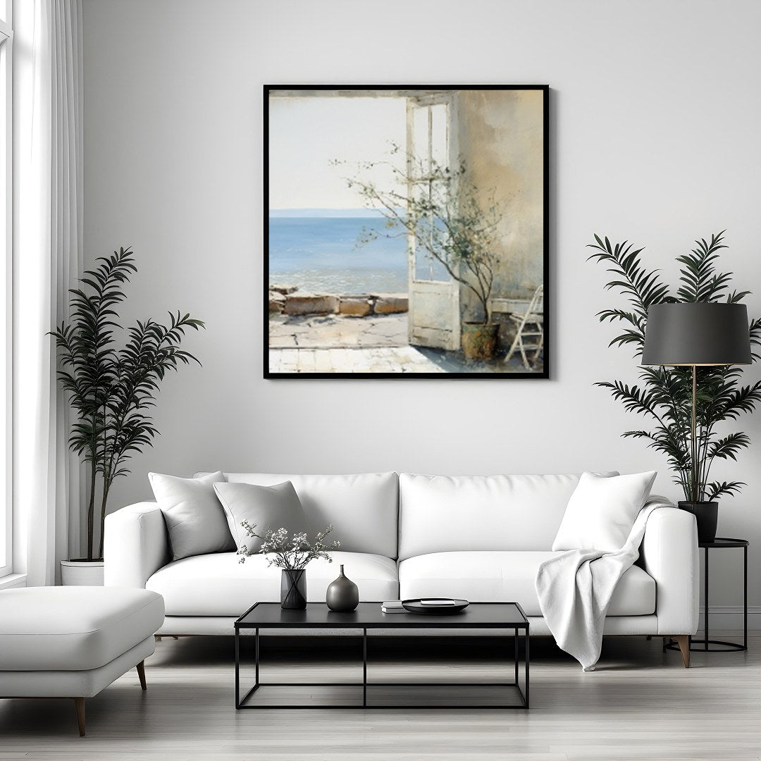 Experience tranquility with this beautifully crafted artwork capturing a sunlit coastal vista for Sitting Area
