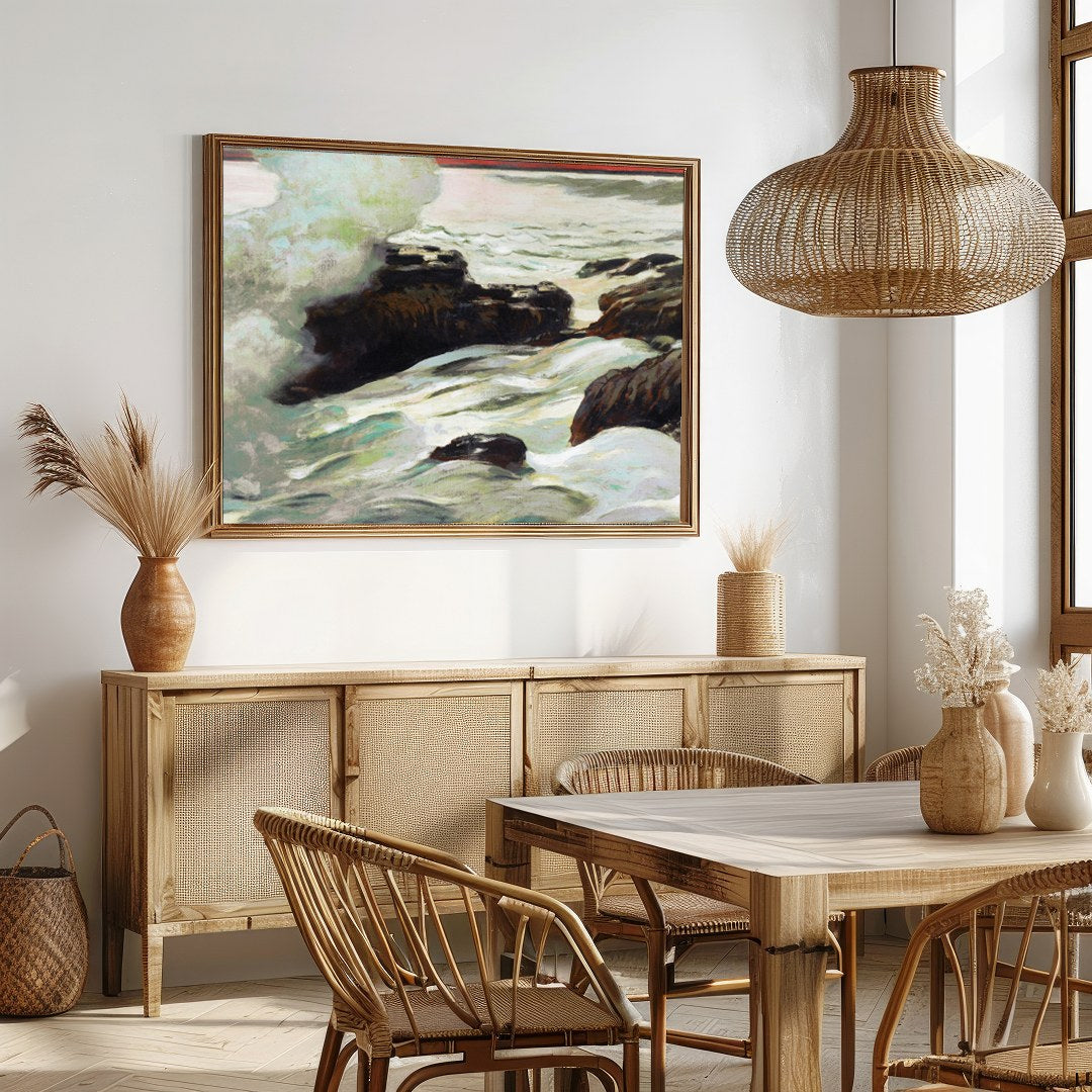 Capture the raw beauty and serene energy of the ocean with this captivating piece. The meticulous for Dining