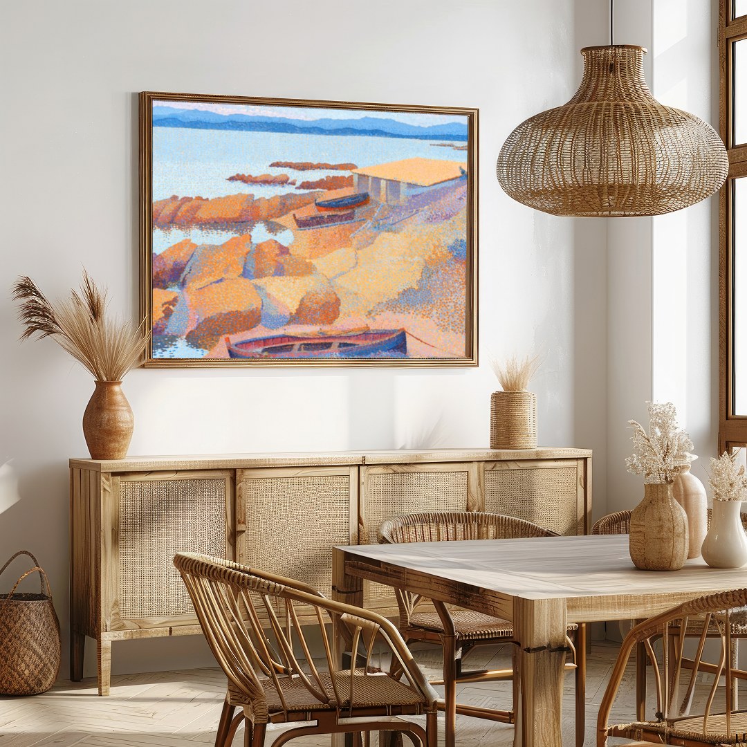Immerse yourself in the calming hues of this impressionistic coastal scene. Featuring boats gently for Dining