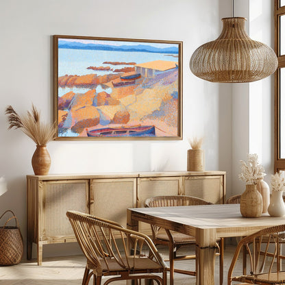 Immerse yourself in the calming hues of this impressionistic coastal scene. Featuring boats gently for Dining