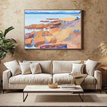 Immerse yourself in the calming hues of this impressionistic coastal scene. Featuring boats gently for Family Room