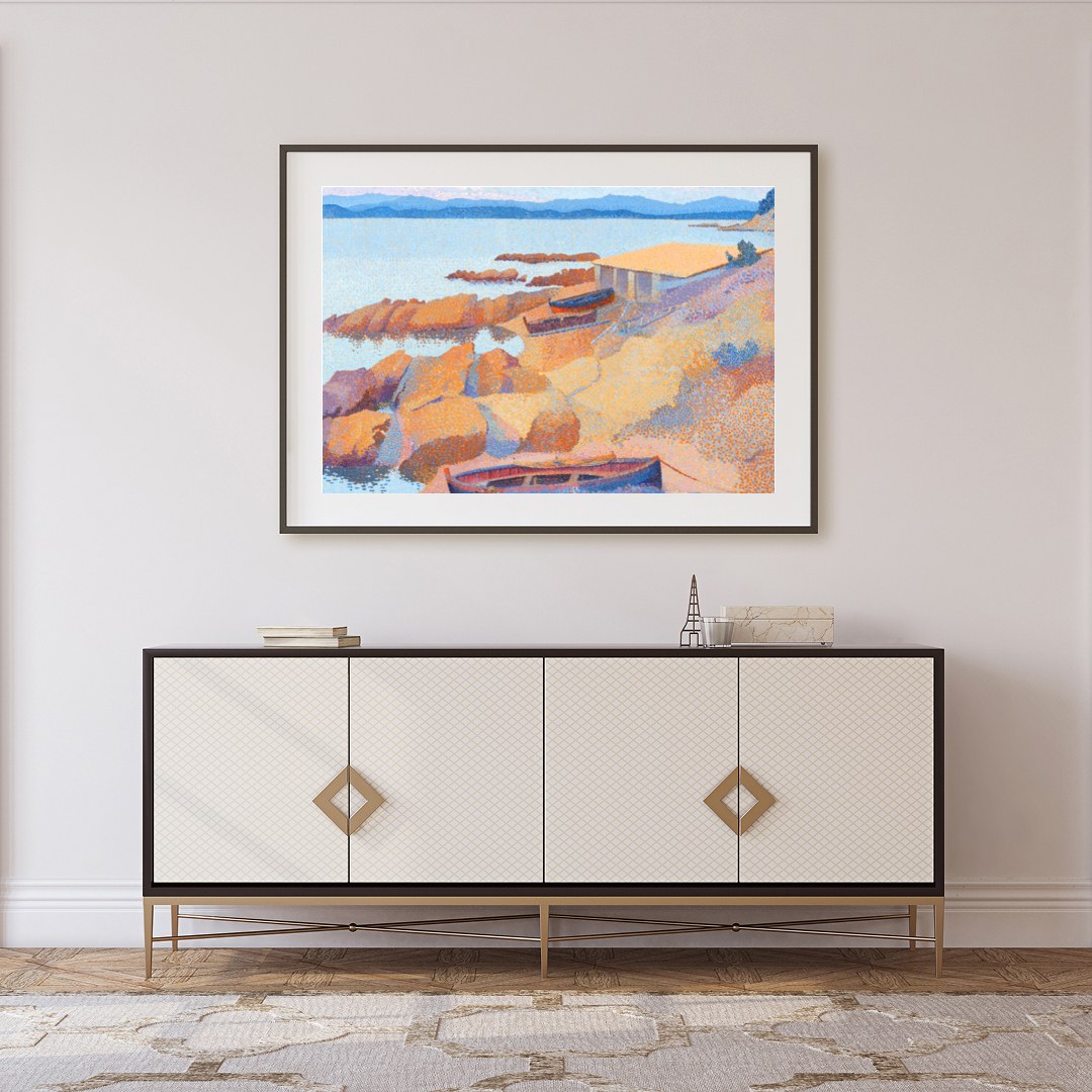Immerse yourself in the calming hues of this impressionistic coastal scene. Featuring boats gently for Foyer