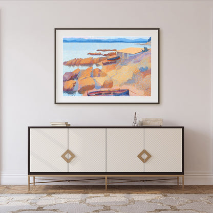 Immerse yourself in the calming hues of this impressionistic coastal scene. Featuring boats gently for Foyer