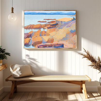 Immerse yourself in the calming hues of this impressionistic coastal scene. Featuring boats gently for gallery