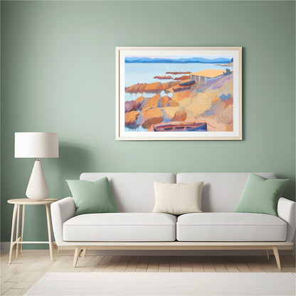 Immerse yourself in the calming hues of this impressionistic coastal scene. Featuring boats gently for Hall