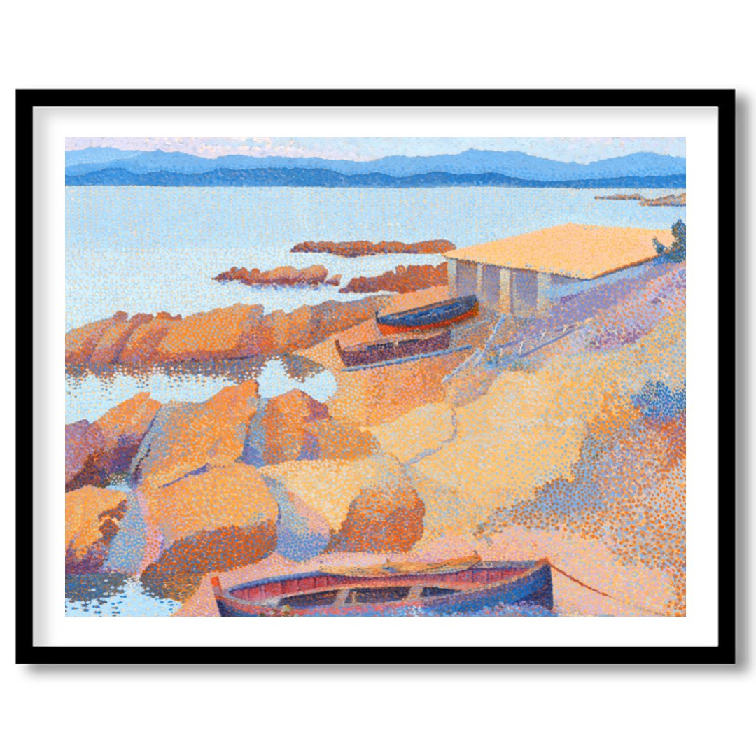 Immerse yourself in the calming hues of this impressionistic coastal scene. Featuring boats gently for hallway