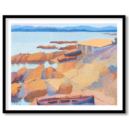 Immerse yourself in the calming hues of this impressionistic coastal scene. Featuring boats gently for hallway
