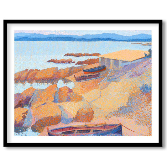 Immerse yourself in the calming hues of this impressionistic coastal scene. Featuring boats gently for hallway