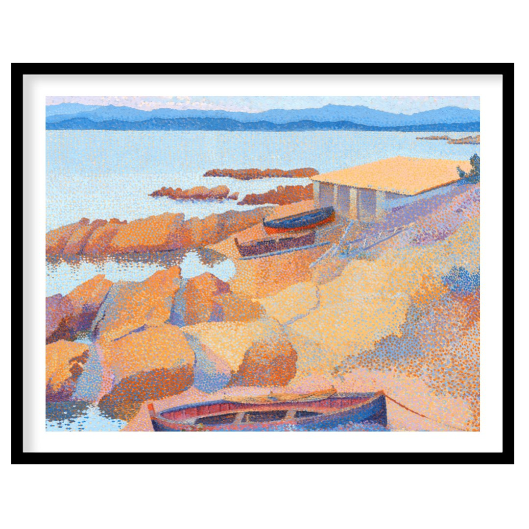 Immerse yourself in the calming hues of this impressionistic coastal scene. Featuring boats gently for hallway