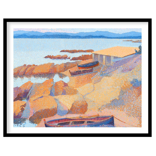 Immerse yourself in the calming hues of this impressionistic coastal scene. Featuring boats gently for hallway