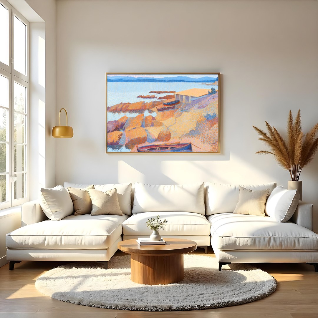 Immerse yourself in the calming hues of this impressionistic coastal scene. Featuring boats gently for Living Room