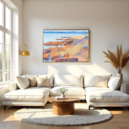 Immerse yourself in the calming hues of this impressionistic coastal scene. Featuring boats gently for Living Room