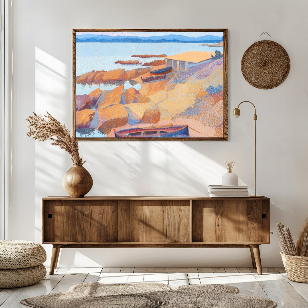 Immerse yourself in the calming hues of this impressionistic coastal scene. Featuring boats gently for Sitting Area