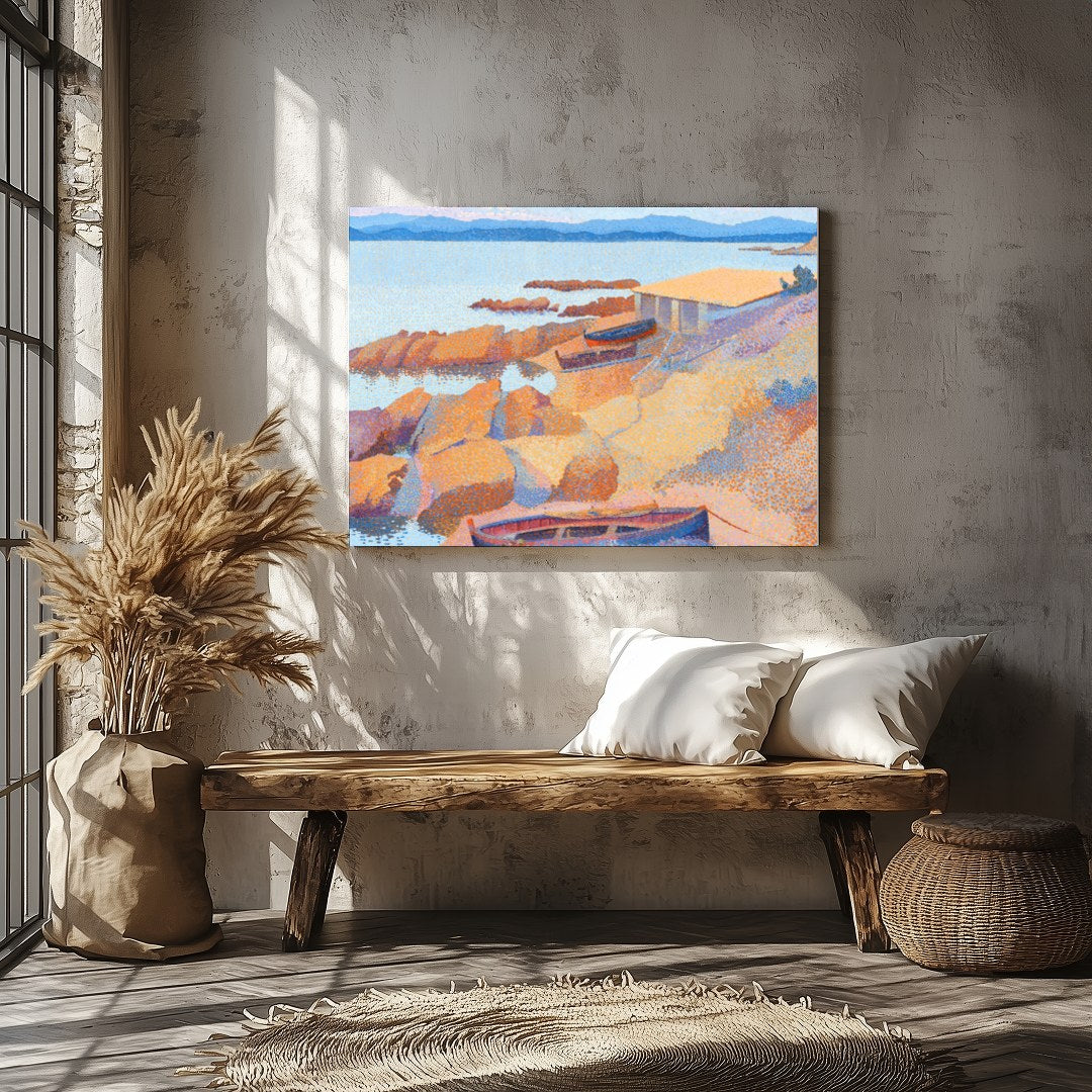 Immerse yourself in the calming hues of this impressionistic coastal scene. Featuring boats gently for Veranda