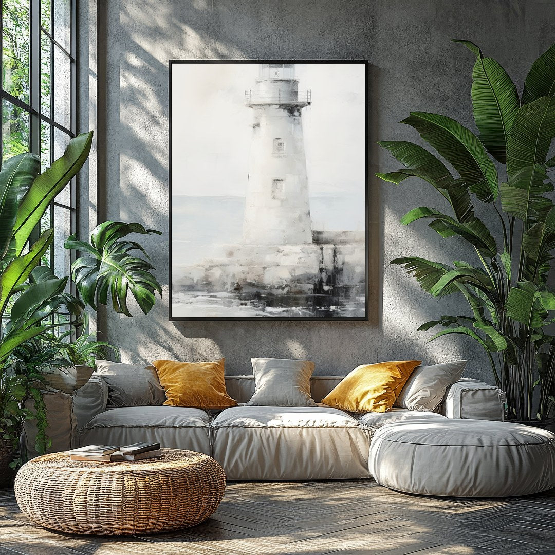 Capture the tranquil beauty of the seaside with this exquisite lighthouse artwork. The soft blend for Balcony