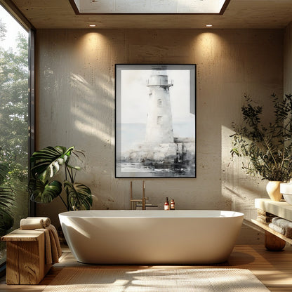 Capture the tranquil beauty of the seaside with this exquisite lighthouse artwork. The soft blend for Bathroom