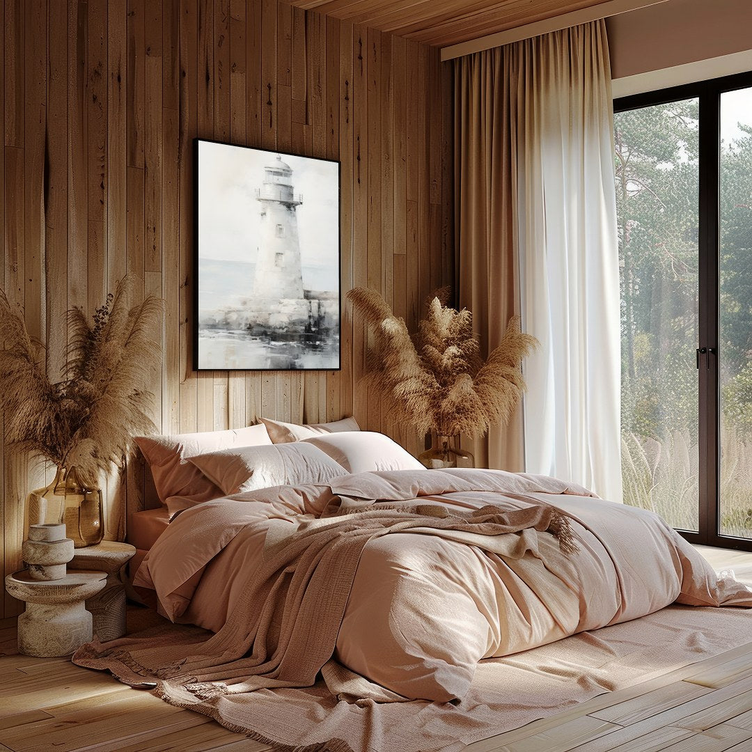 Capture the tranquil beauty of the seaside with this exquisite lighthouse artwork. The soft blend for Bedroom