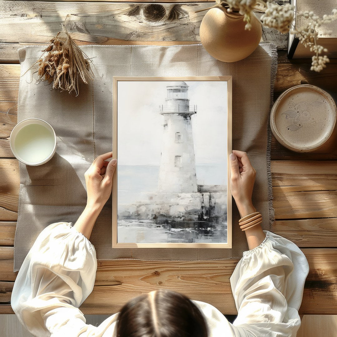Capture the tranquil beauty of the seaside with this exquisite lighthouse artwork. The soft blend for decor