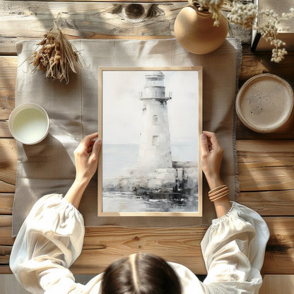 Capture the tranquil beauty of the seaside with this exquisite lighthouse artwork. The soft blend for decor