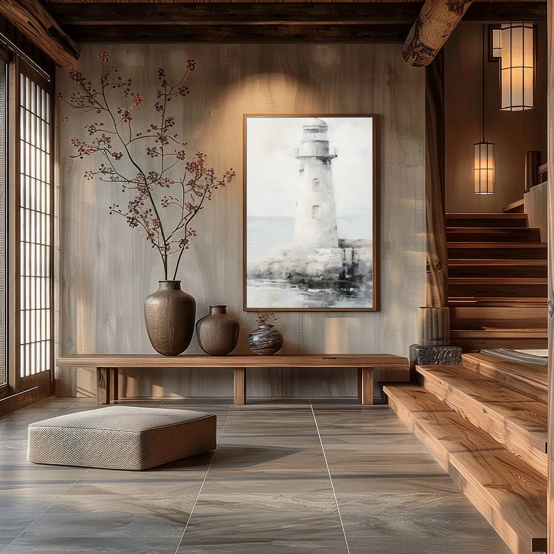 Capture the tranquil beauty of the seaside with this exquisite lighthouse artwork. The soft blend for Hall