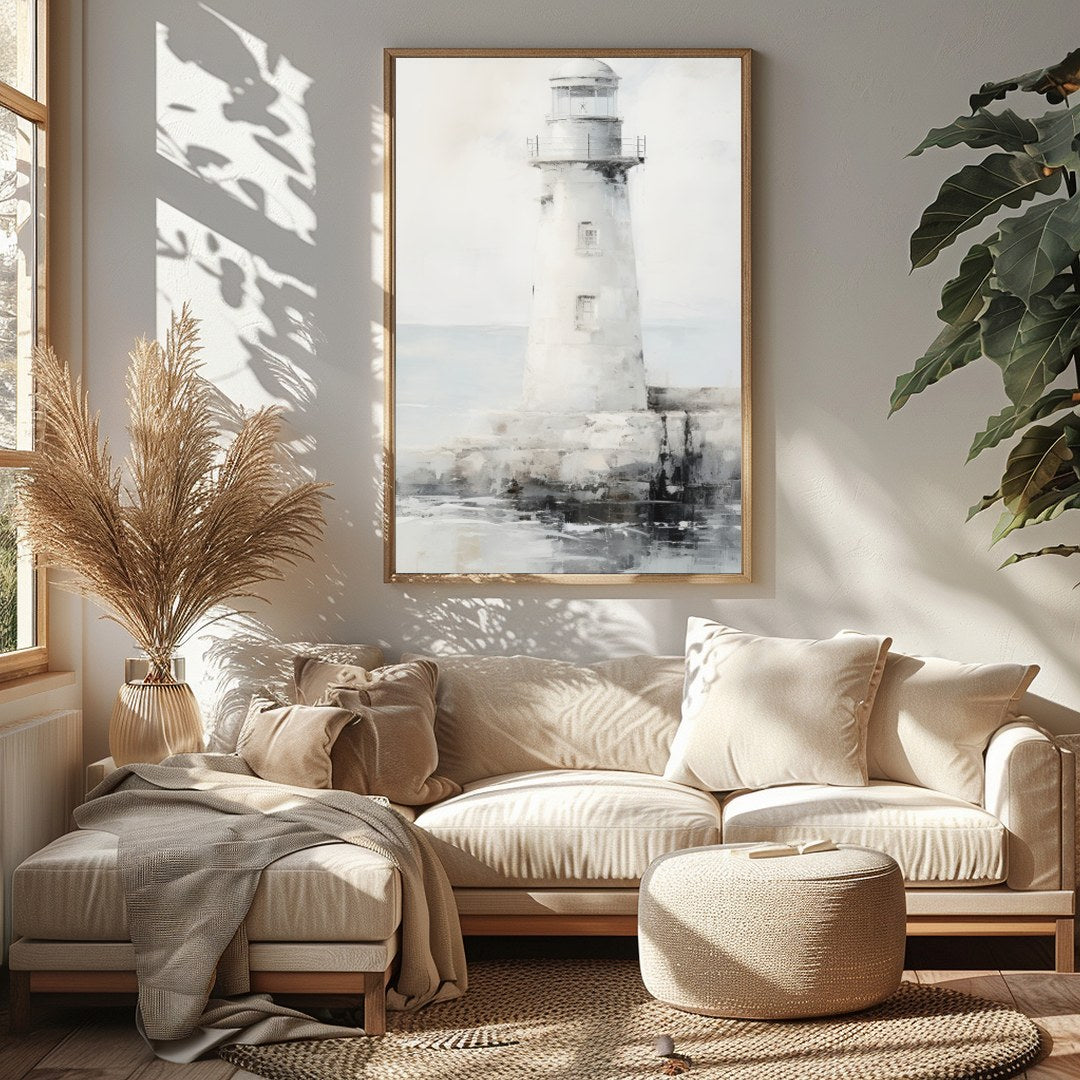 Capture the tranquil beauty of the seaside with this exquisite lighthouse artwork. The soft blend for Sitting Area