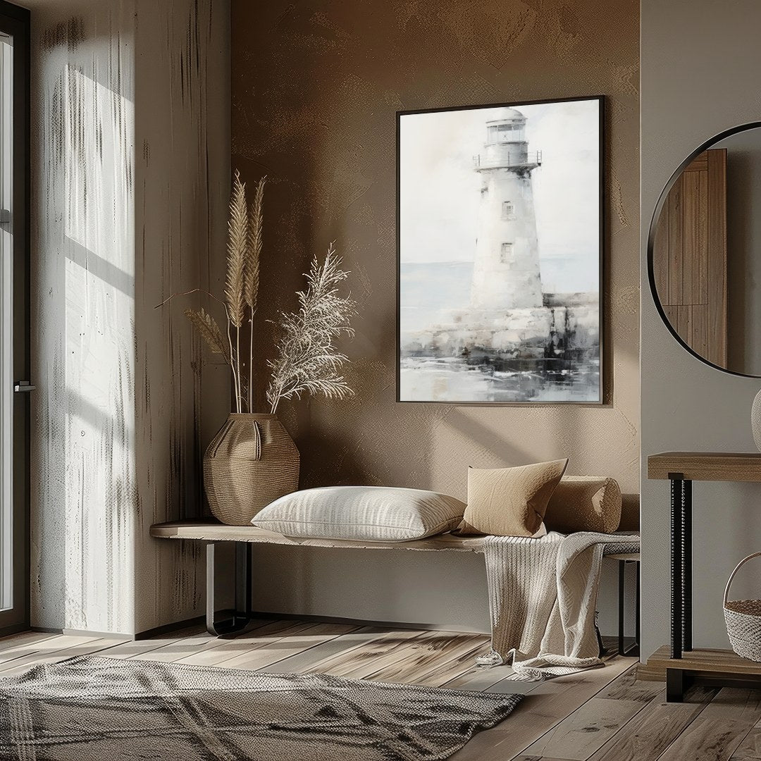 Capture the tranquil beauty of the seaside with this exquisite lighthouse artwork. The soft blend for studio