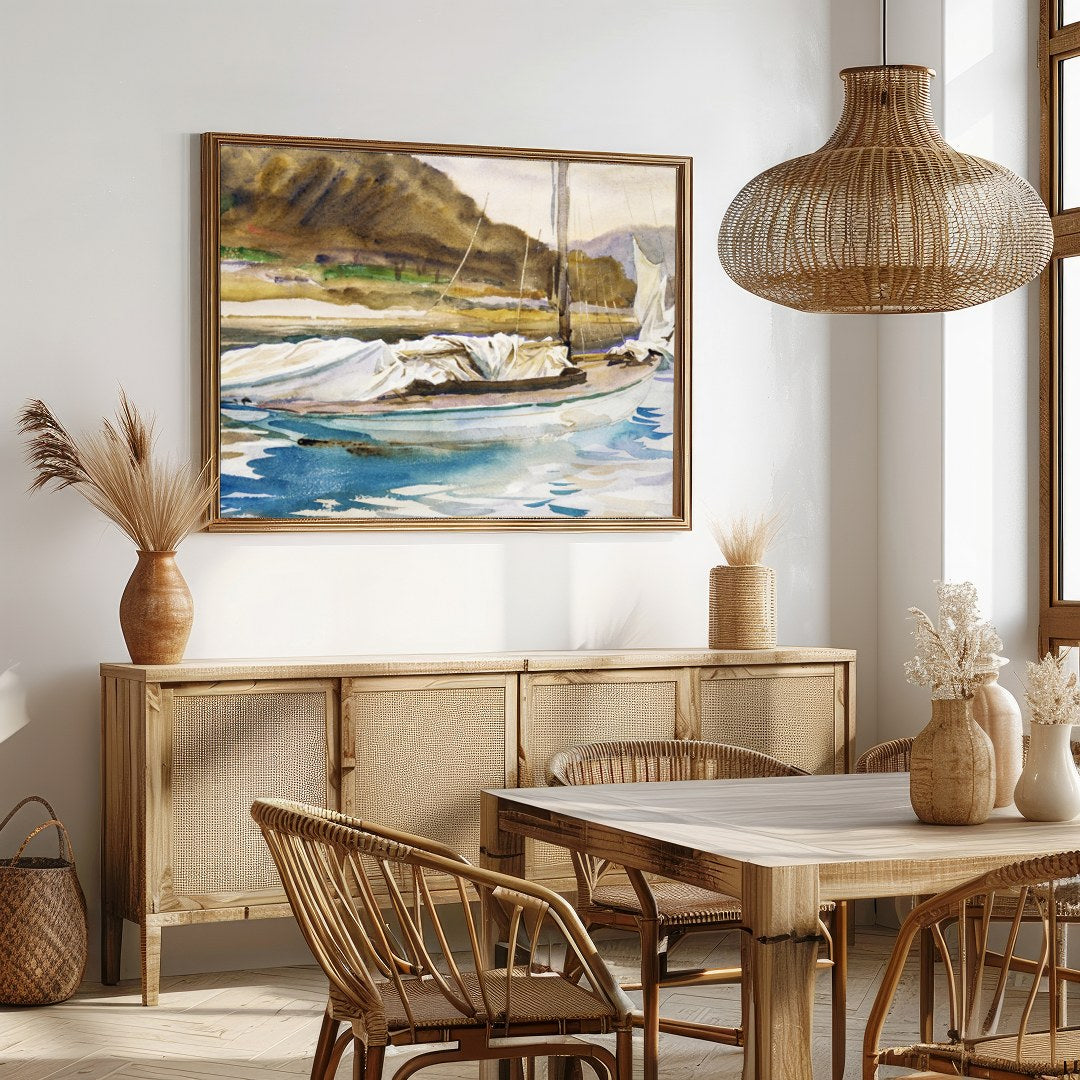 Capture the essence of a tranquil seaside escape with this exquisite watercolor painting of a for Dining
