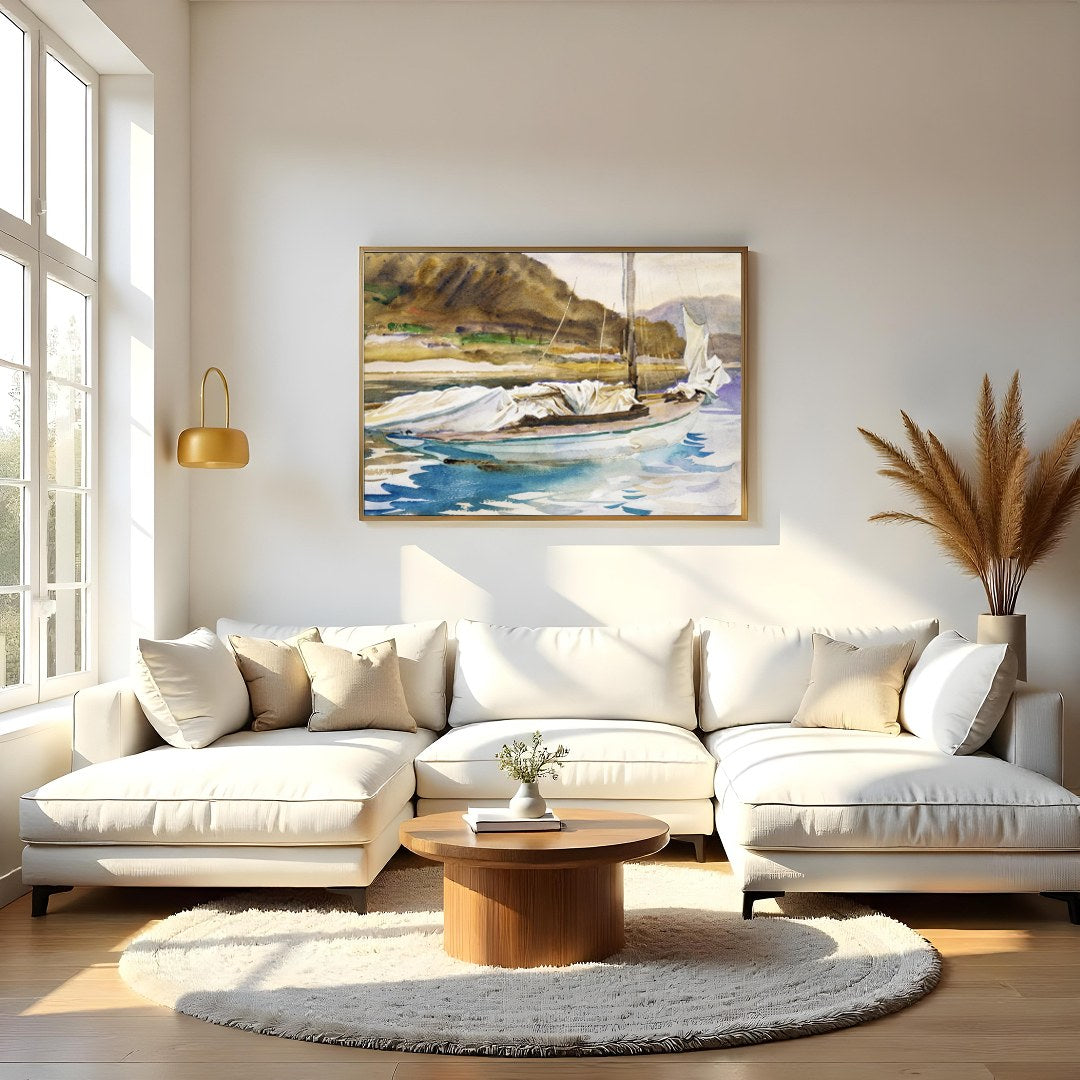 Capture the essence of a tranquil seaside escape with this exquisite watercolor painting of a for Living Room