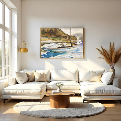 Capture the essence of a tranquil seaside escape with this exquisite watercolor painting of a for Living Room