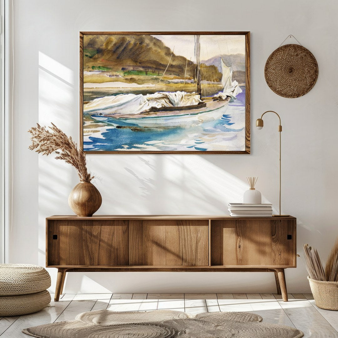 Capture the essence of a tranquil seaside escape with this exquisite watercolor painting of a for Sitting Area