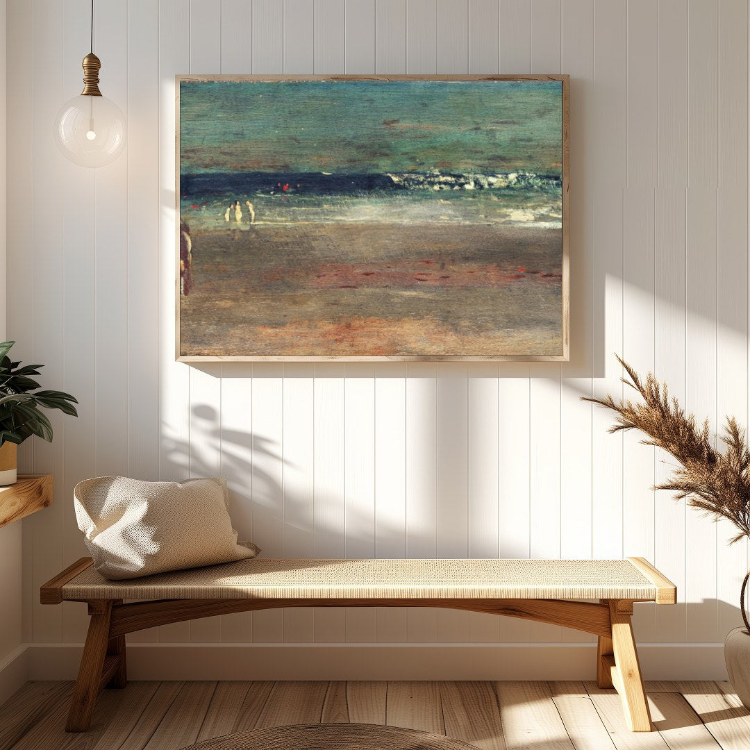 Experience the tranquil allure of a serene coastline with this evocative artwork. The calming waves for gallery