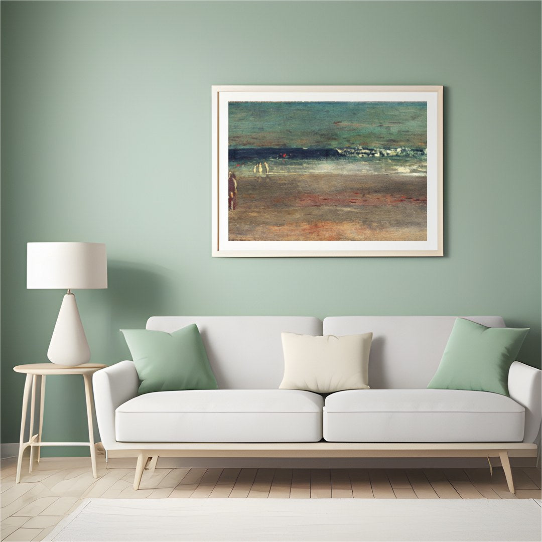 Experience the tranquil allure of a serene coastline with this evocative artwork. The calming waves for Hall