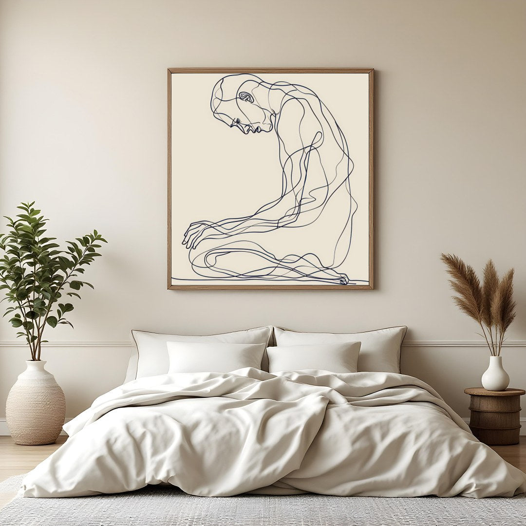 This minimalist line art captures a moment of introspective serenity, elegantly drawn against a for Bedroom