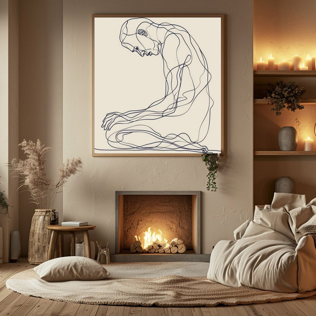 This minimalist line art captures a moment of introspective serenity, elegantly drawn against a for Hall