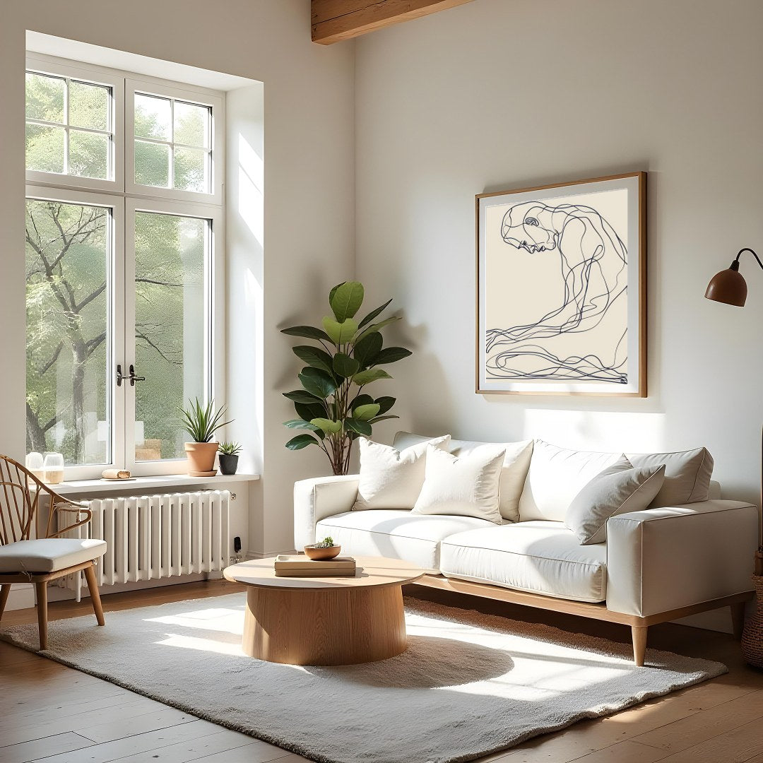 This minimalist line art captures a moment of introspective serenity, elegantly drawn against a for Living Room