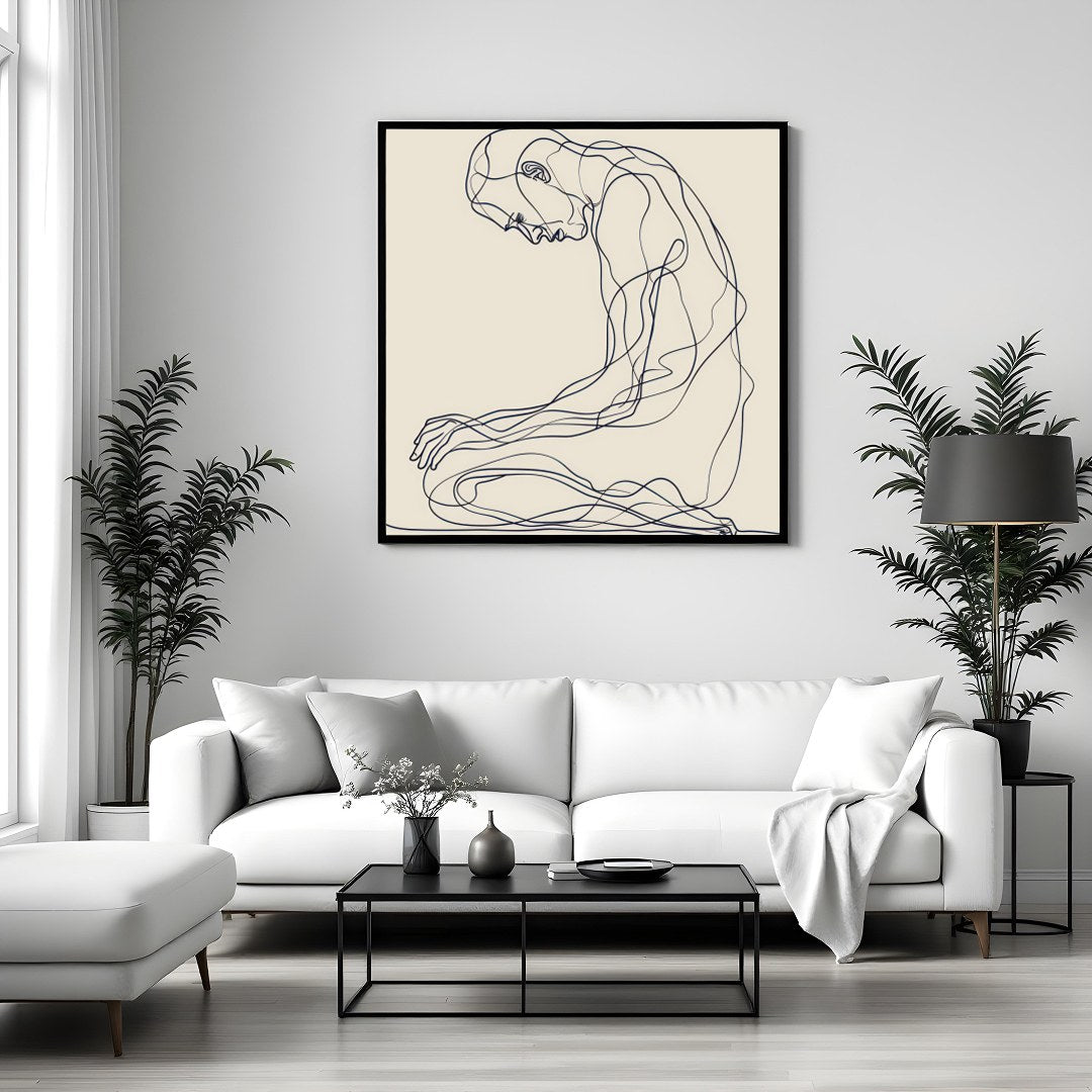 This minimalist line art captures a moment of introspective serenity, elegantly drawn against a for Sitting Area