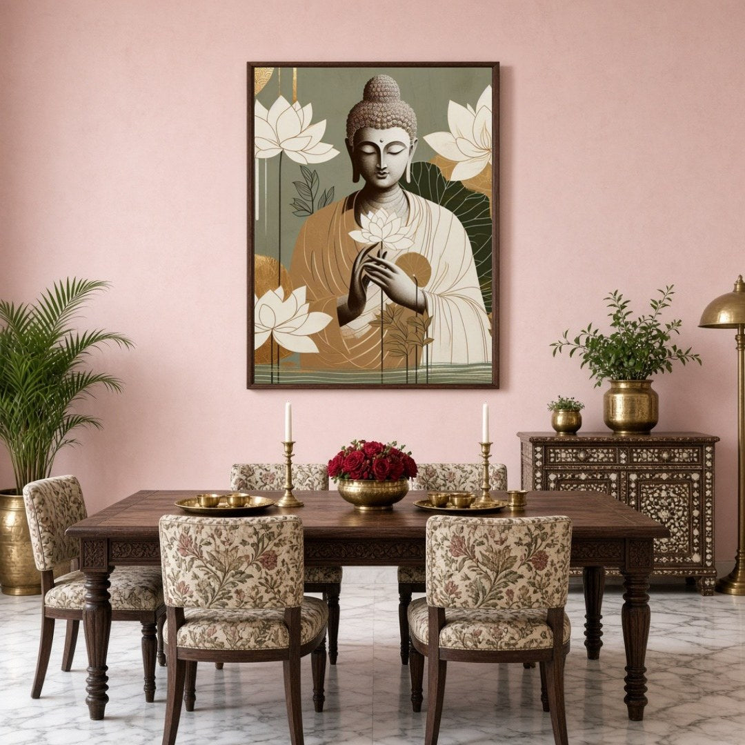 This art piece captures the serene essence of Lord Buddha cradling delicate lotus blossoms. With a for Dining