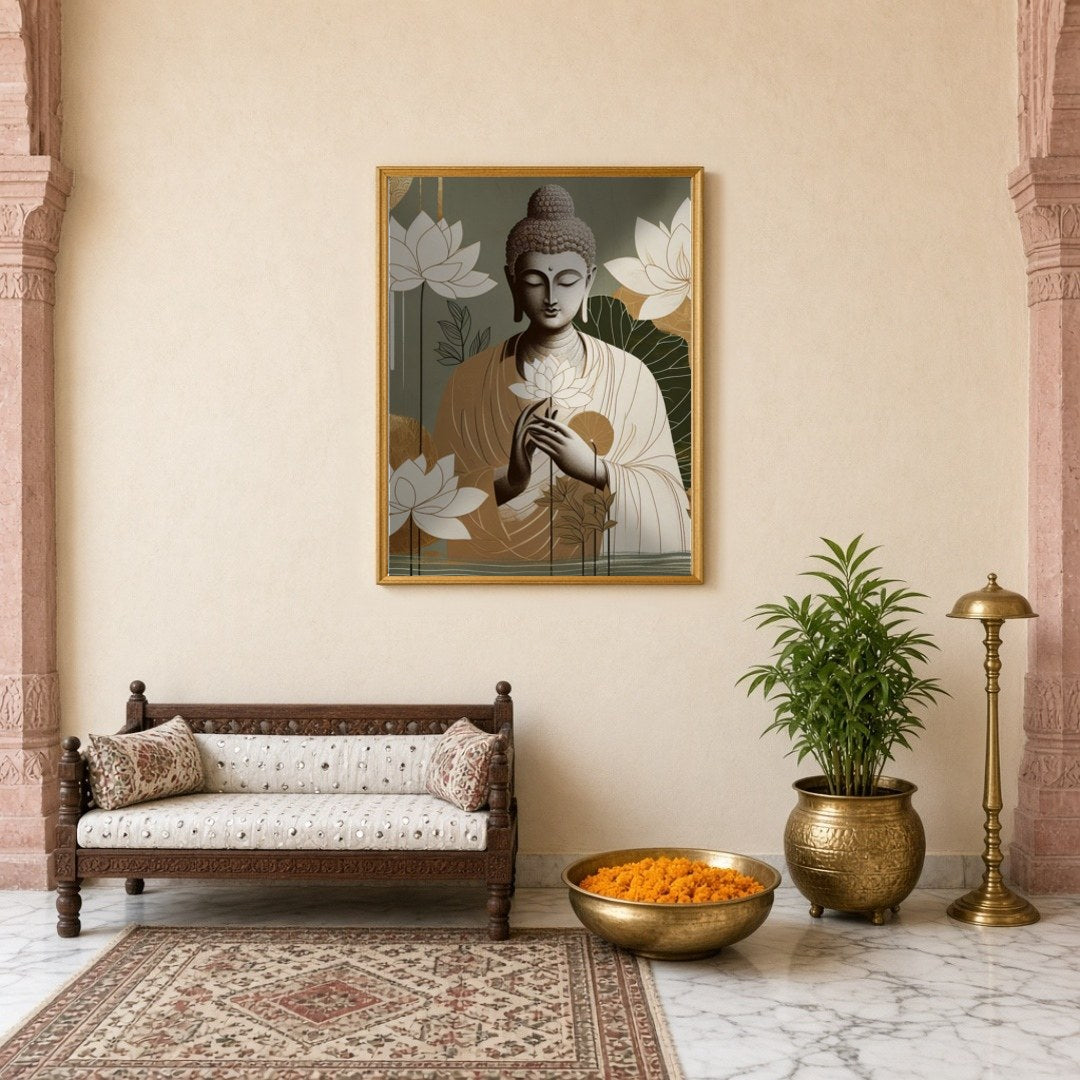 This art piece captures the serene essence of Lord Buddha cradling delicate lotus blossoms. With a for Entrance