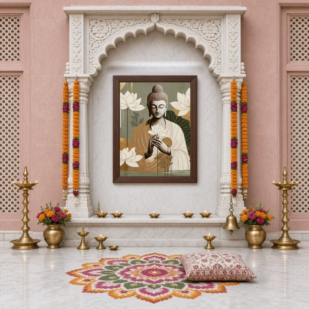 This art piece captures the serene essence of Lord Buddha cradling delicate lotus blossoms. With a for Home Temple