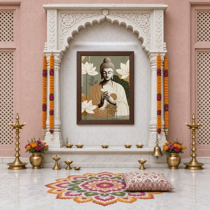 This art piece captures the serene essence of Lord Buddha cradling delicate lotus blossoms. With a for Home Temple