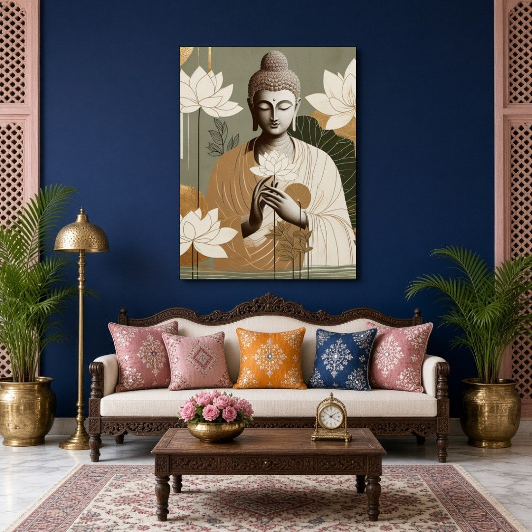 This art piece captures the serene essence of Lord Buddha cradling delicate lotus blossoms. With a for Living Room