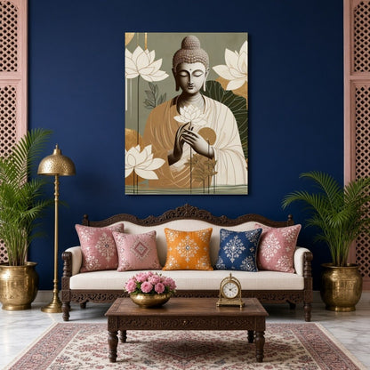 This art piece captures the serene essence of Lord Buddha cradling delicate lotus blossoms. With a for Living Room