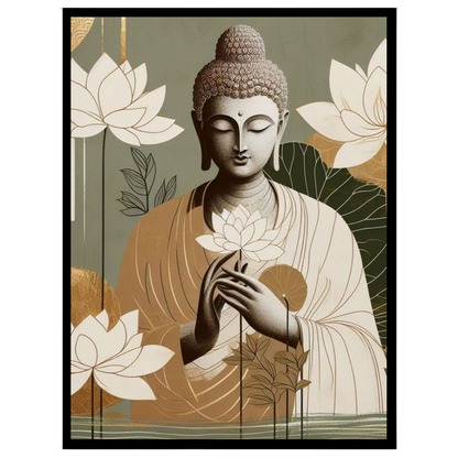 This art piece captures the serene essence of Lord Buddha cradling delicate lotus blossoms. With a for living-space