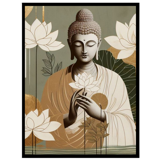 This art piece captures the serene essence of Lord Buddha cradling delicate lotus blossoms. With a for living-space