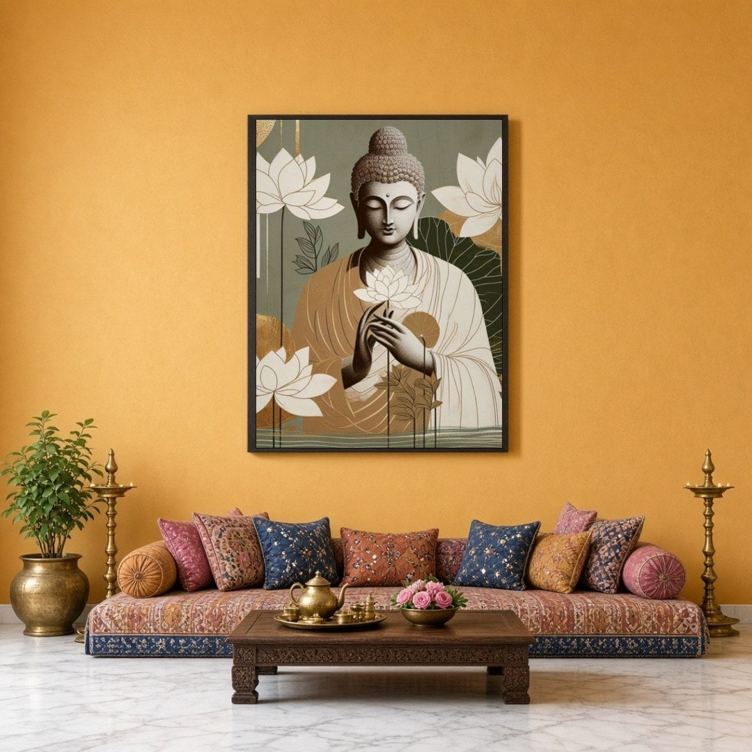 This art piece captures the serene essence of Lord Buddha cradling delicate lotus blossoms. With a for Sitting Lounge